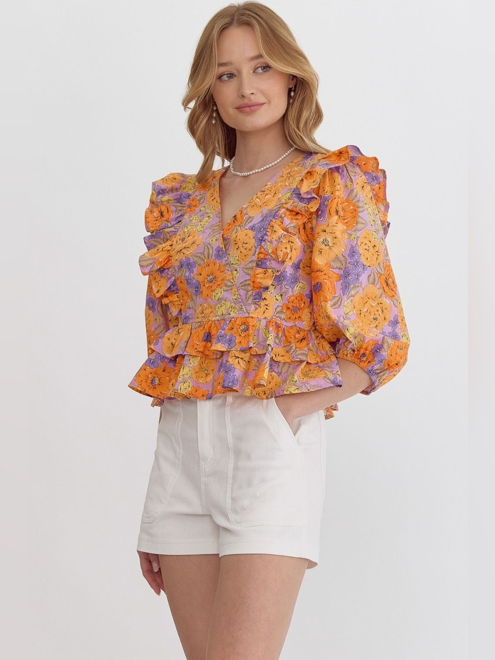 Entro Clementine Ruffled Peplum Blouse Maximalist Purple Orange Floral New Small